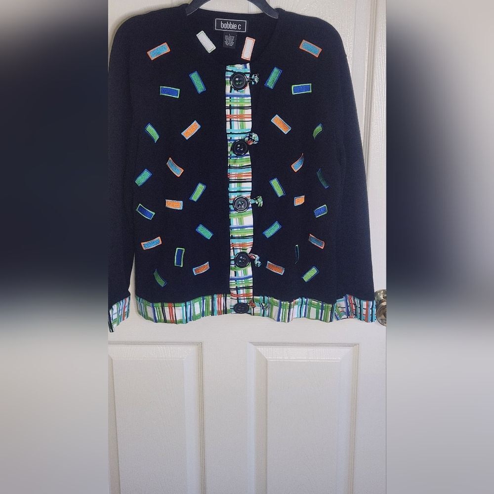 Bobbie C L Black Colorful Accents Geometric Embroidery Buttons Up Women Cardigan